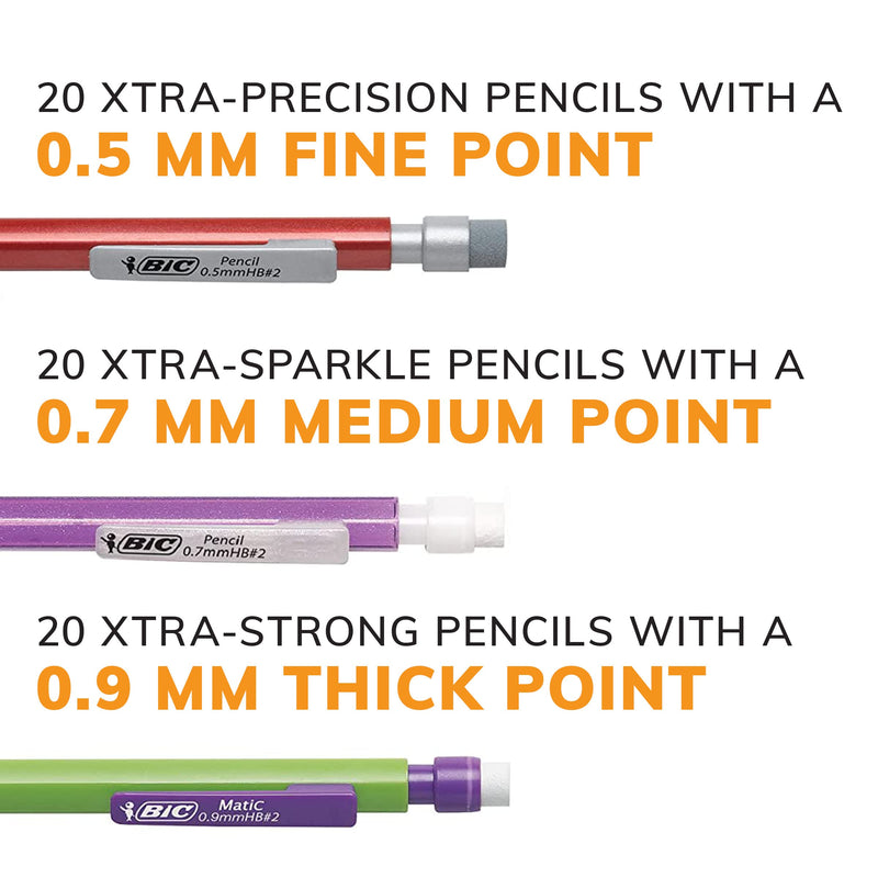 [Australia - AusPower] - BIC Mechanical Pencil Variety Pack, Number 2 Mechanical Pencils With Erasers, Fine Point (0.5mm), Medium Point (0.7mm) and Thick Point (0.9mm), 60 Count, Bulk Mechanical Pencils for School or Work 