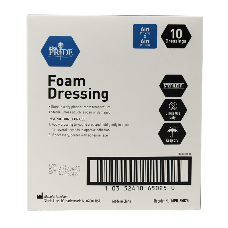 [Australia - AusPower] - Medpride Foam Dressings- 10 Pack, 6 Inch by 6 Inches Size - Sterile, Hydrophilic, Highly Absorbent- Soft, Non-Adhesive Pads, Easy to Change- for Men & Women- for Ulcers, Post Op Trauma + Injuries 6X6 Inch (Pack of 10) 