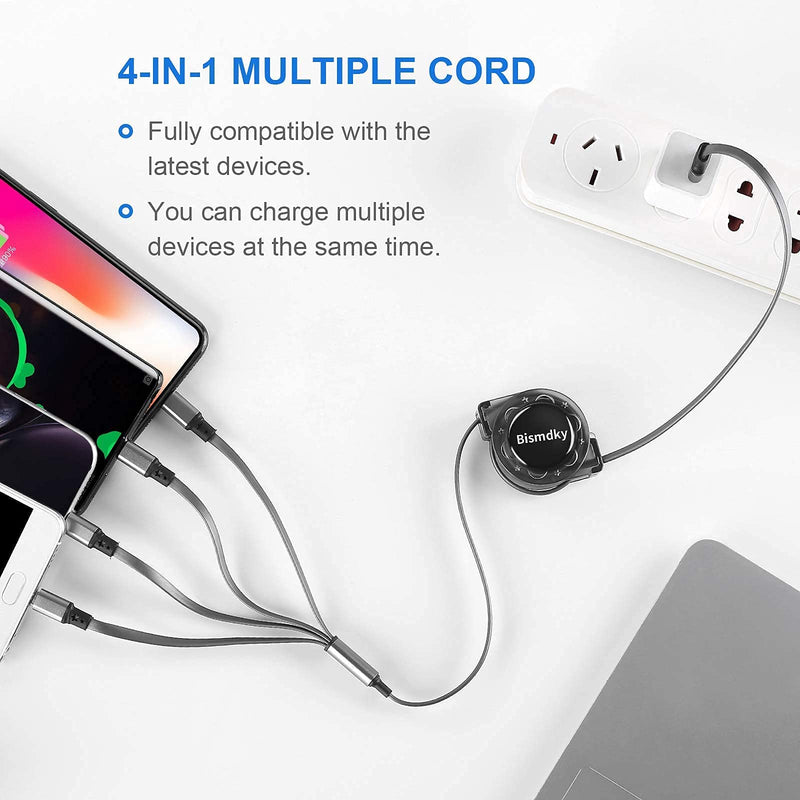 [Australia - AusPower] - Bismdky Multi USB Retractable Charger Cable, 4 in 1 Multiple Charging Cord Adapter with Type C Micro USB Mini Port Connectors Compatible with Cell Phones Tablets Universal Use Black BIR4IN1 3.3FT 