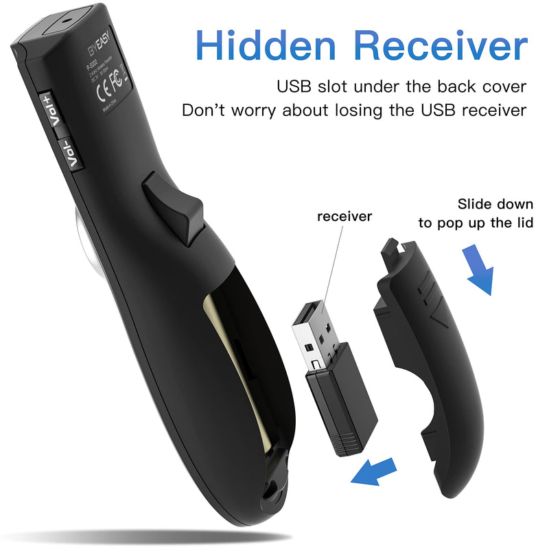 [Australia - AusPower] - BYEASY Presentation Clicker with Green Laser and Volume Control, RF 2.4GHz Wireless Presenter Remote 100 FT, USB PPT Clicker for Google Slides, PowerPoint and More P5100 - Green Laser 