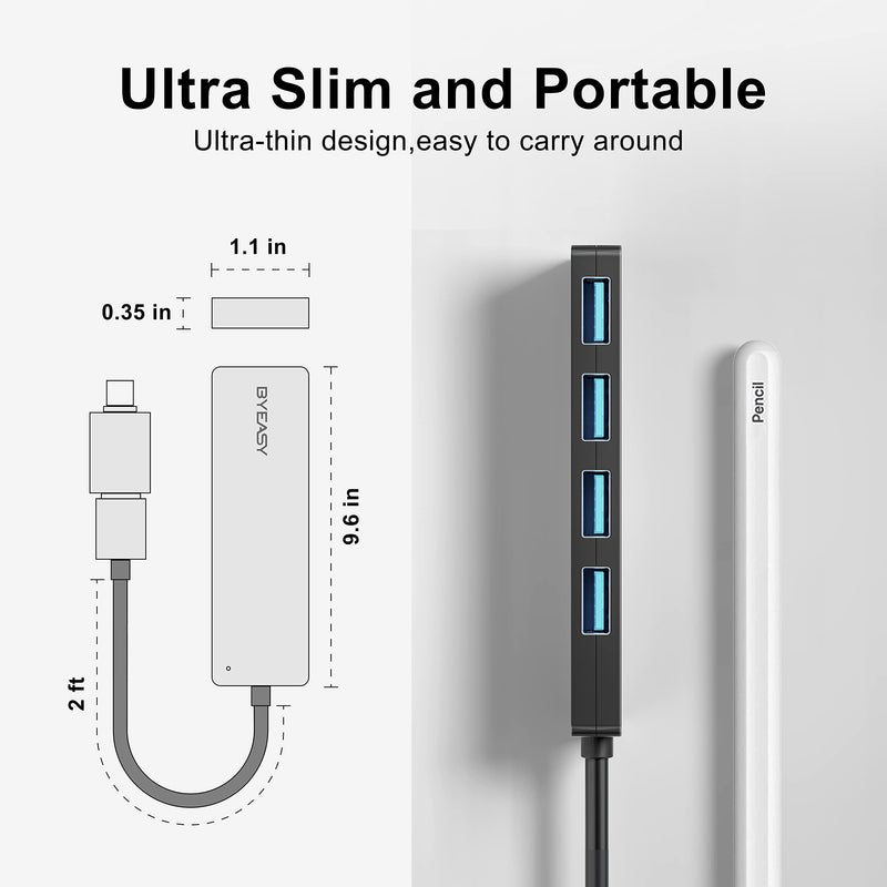 [Australia - AusPower] - BYEASY USB Hub, USB 3.1 C to USB 3.0 Hub with 4 Ports and 2ft Extended Cable, Ultra Slim Portable USB Splitter for MacBook, Mac Pro/Mini, iMac, Ps4, PS5, Surface Pro,Flash Drive, Samsung(Black) Black 