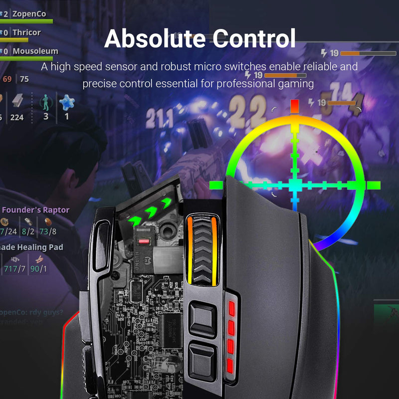 [Australia - AusPower] - Redragon M801 Gaming Mouse LED RGB Backlit MMO 9 Programmable Buttons Mouse with Macro Recording Side Buttons Rapid Fire Button 16000 DPI for Windows PC Gamer (Wireless, Black) Wireless 