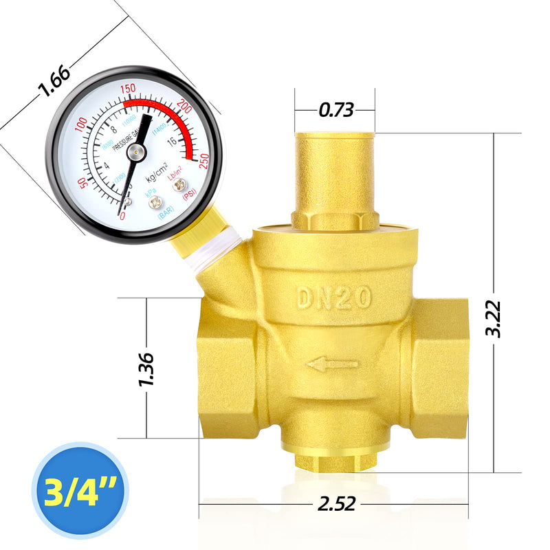 [Australia - AusPower] - MEANLIN MEASURE 3/4 inch brass Water pressure regulating valve, pressure regulating valve, pressure reducing valve, DN20, with 0-250PSI pressure gauge 