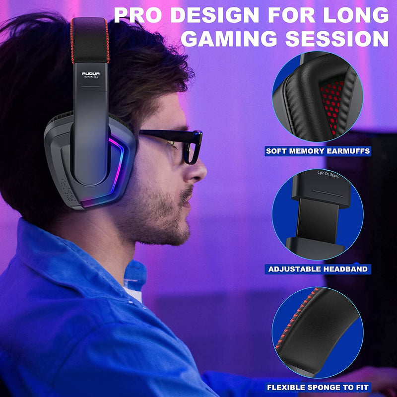 [Australia - AusPower] - AUOUA Gaming Headset with Active Noise Cancelling Mic, Over Ear Wired Gaming Headphone │Colorful RGB Lights, 3D Stereo Sound│Soft Memory Foam Earmuffs, 3.5mm Jack Compatible with PC PS4 PS5 Gamer 
