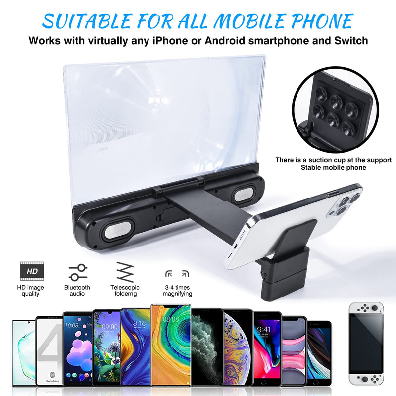 [Australia - AusPower] - 14 inch Phone Screen Magnifier with Bluetooth Speaker,Mobile Phone Screen Amplifier with 2-in-1 Foldable Stretch Stand Holder Portable 3D Screen Magnifying Glass for All Smartphones(Black) 