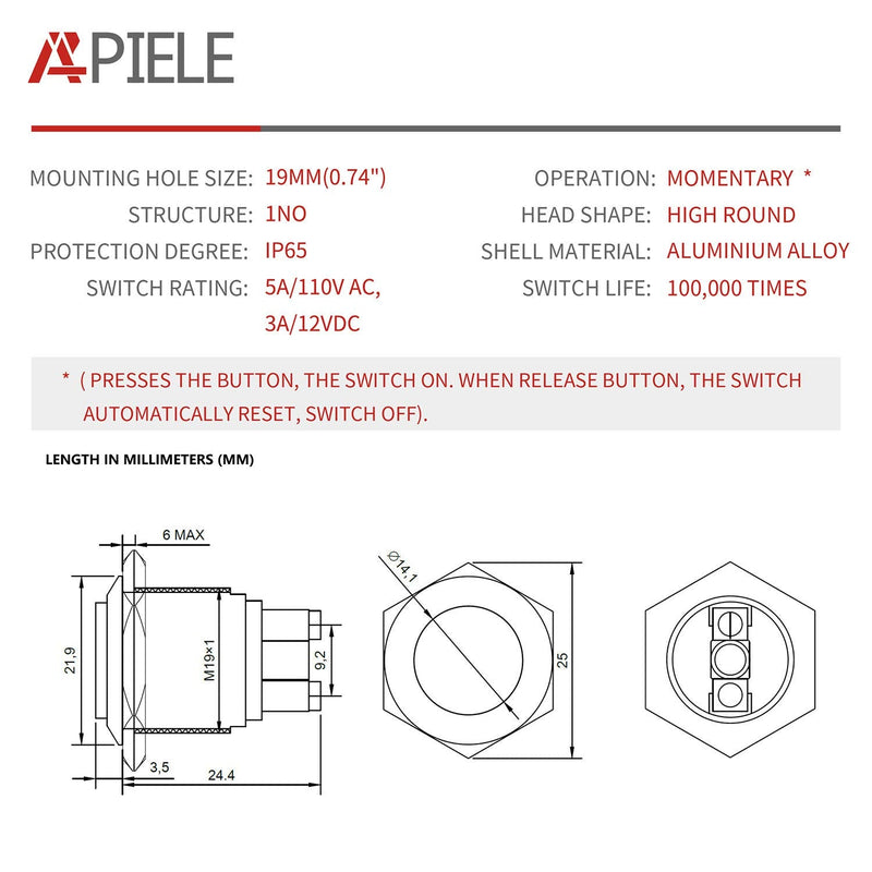 [Australia - AusPower] - APIELE (Pack of 2) 19MM Momentary Push Button Switch 5A Aluminium Alloy Shell 12V 24V 36 DC 110V 250V AC 5A 1NO SPST Screw Terminal APIELE (Red Shell) Red 