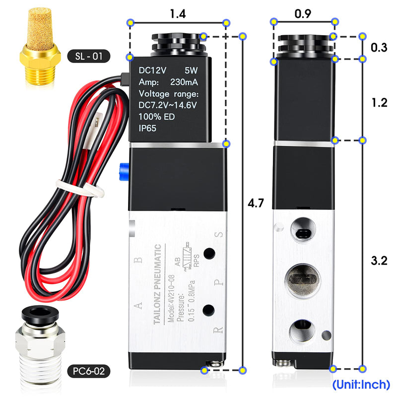 [Australia - AusPower] - TAILONZ PNEUMATIC 1/4"NPT Solenoid Valve 12V/24V/110V Single Coil Pilot-Operated Electric 2 Position 5 Way Connection Type 4V210-08 DC12V 