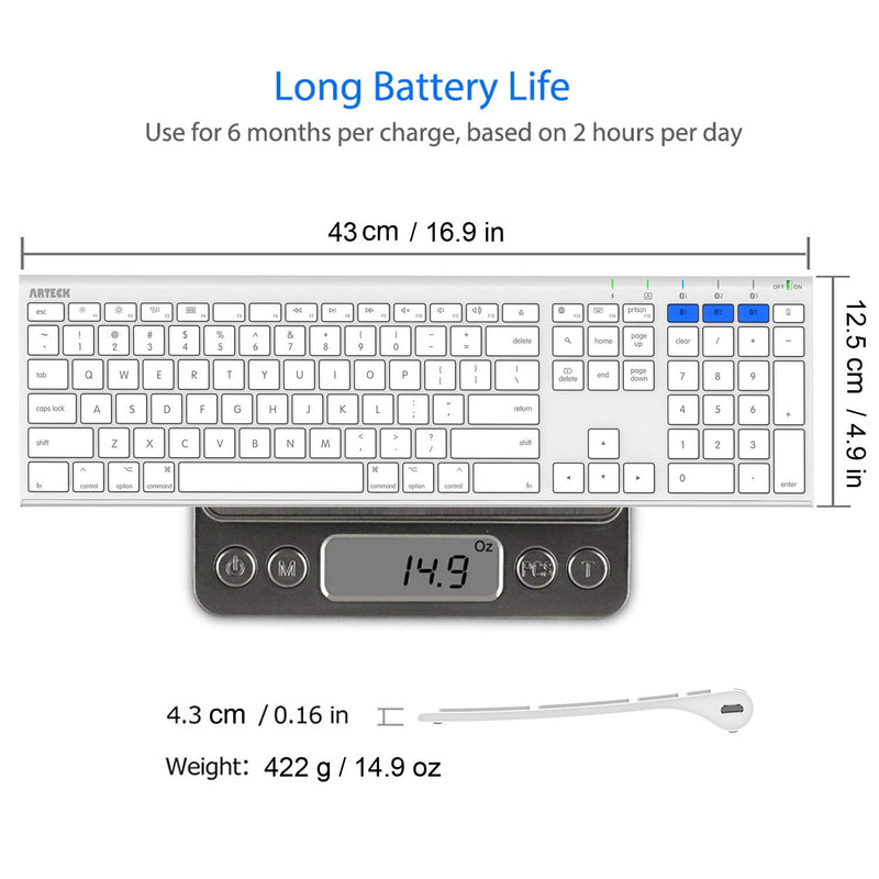 [Australia - AusPower] - Arteck Bluetooth Keyboard for Mac iPad Multi-Device Stainless Steel Full Size Wireless Keyboard Compatible with iPad, iMac, Mac Mini, MacBook, iPhone, Mac OS, iOS, Built-in Rechargeable Battery 