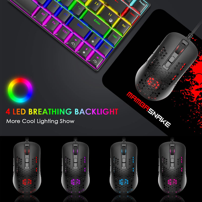 [Australia - AusPower] - Lightweight Gaming Mouse Wired,USB Optical Computer Mice with RGB Backlit,4 Adjustable DPI Up to 2400,Ergonomic Gamer Laptop PC Mouse with Honeycomb Shell for Windows 7/8/10/XP Vista Linux -Black Black 