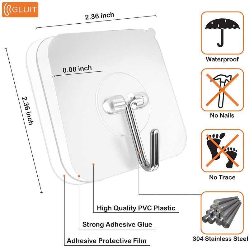 [Australia - AusPower] - GLUIT Adhesive Hooks for Hanging Heavy Duty Wall Hooks 22 lbs Self Adhesive Sticky Hooks Waterproof Transparent Hooks for Keys Bathroom Shower Outdoor Kitchen Door Home Improvement Sticky Hook 12 Pack 12 Medium Hooks 