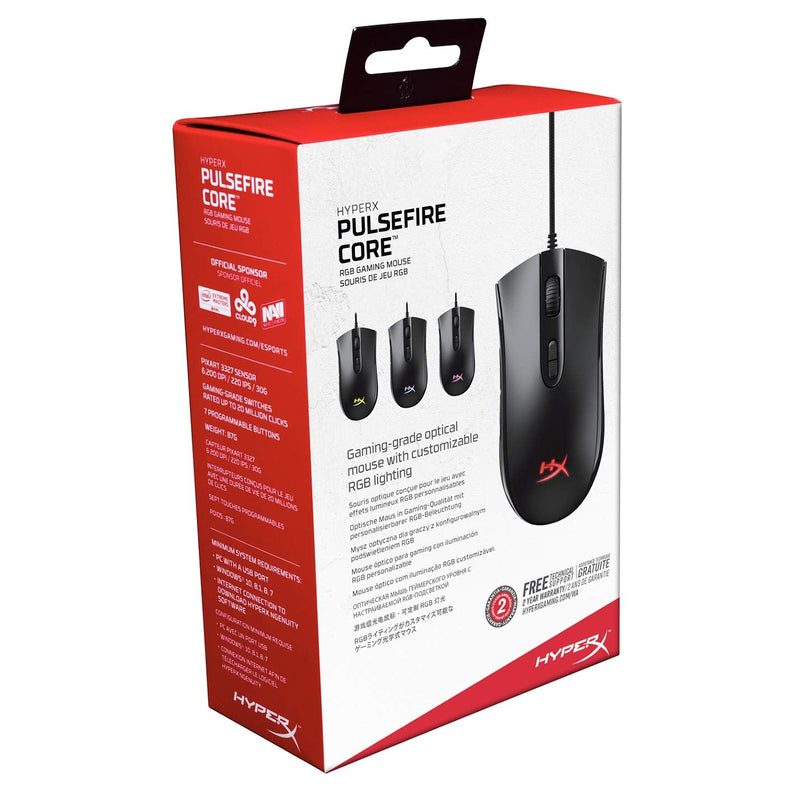 [Australia - AusPower] - HyperX Pulsefire Core - RGB Gaming Mouse, Software Controlled RGB Light Effects & Macro Customization, Pixart 3327 Sensor up to 6,200DPI, 7 Programmable Buttons, Mouse Weight 87g Black Wired 