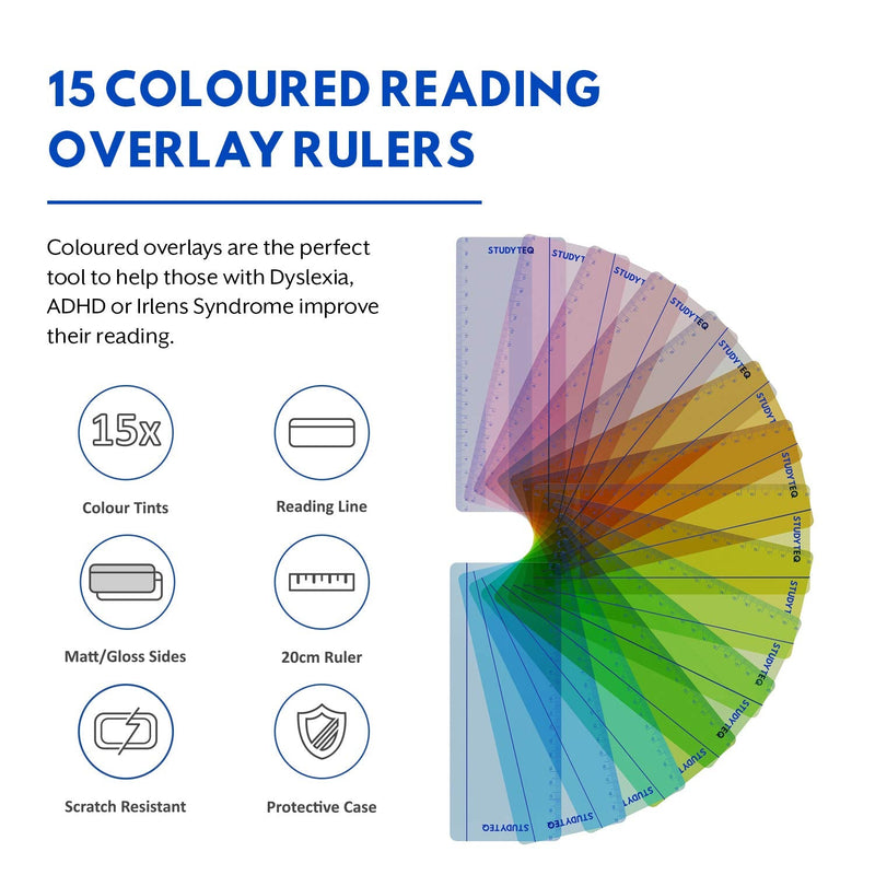 [Australia - AusPower] - 15 x Studyteq Professional Dyslexia Colored Reading Overlays and Rulers + Protective Case | Reading Tracking Rulers for Visual Stress, Dyslexia, Irlens Syndrome, and ADHD 