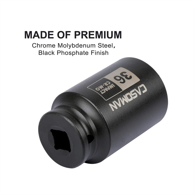 [Australia - AusPower] - CASOMAN 1/2" Drive x 36 mm Deep 6 PT Impact Socket, CR-MO, 1/2-inch Drive 6 Point Axle Nut Socket for Easy Removal of Axle Shaft Nuts (36MM) 6-Point Socket 36mm 