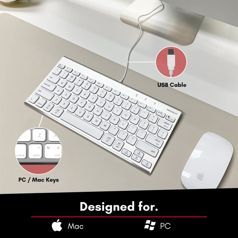 [Australia - AusPower] - Macally USB Wired Keyboard for Mac and Windows PC - Space Saving Compatible Small Apple Keyboard - 78 Keys External Mac Keyboard for MacBook Pro/Air, iMac, Desktop Mac Mini - Silver Aluminum 