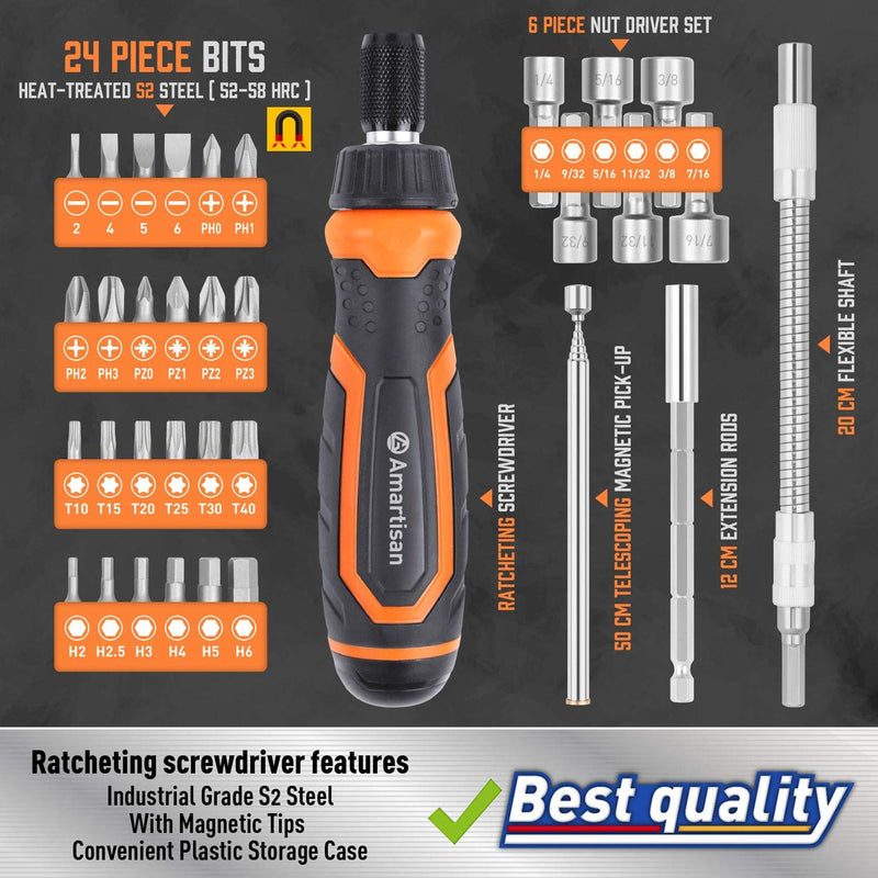 [Australia - AusPower] - Amartisan Magnetic Ratchet Screwdriver Set, 34-Piece Multi-bit Ratchet Screw Drivers, Slotted/Philips/Pozi/Torx/Hex 