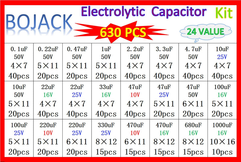 [Australia - AusPower] - BOJACK 24Value 630pcs Aluminum Electrolytic Capacitor Assortment Box Kit Range 0.1uF－1000uF 