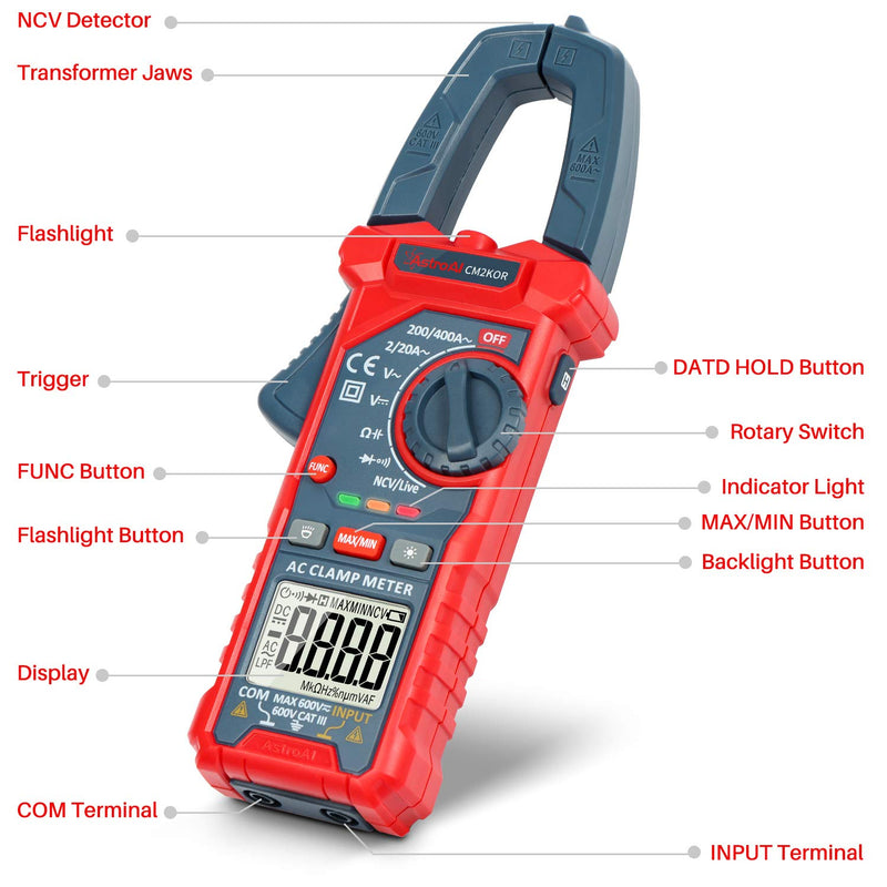 [Australia - AusPower] - AstroAI Digital Clamp Meter Multimeter 2000 Counts Amp Voltage Tester Auto-ranging with AC/DC Voltage, AC Current, Resistance, Capacitance, Continuity, Live Wire Test, Non-contact Voltage Detection 2000 Counts AC Current 