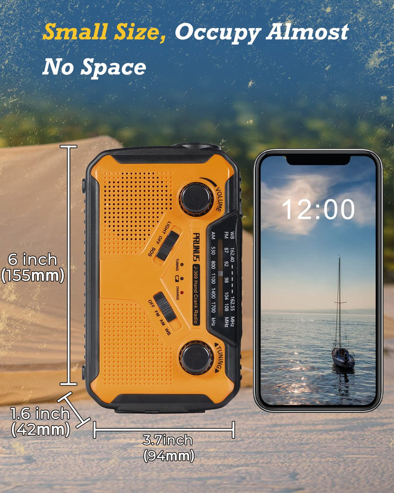 [Australia - AusPower] - PRUNUS Emergency NOAA Weather Radio 5 Way Powered: Solor/Hand Crank/USB/AA Batteries/Rechargeable Batteries, LED Flashlight and Reading Lamp, AM FM, 3000mAh Power Bank Cellphone Charger, J-369 Yellow 