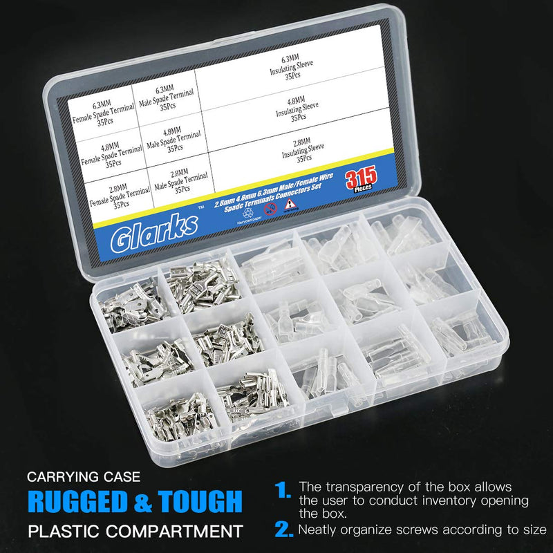 [Australia - AusPower] - Glarks 315Pcs Quick Splice 2.8mm 4.8mm 6.3mm Male and Female Wire Spade Connector Wire Crimp Terminal Block with Insulating Sleeve Assortment Kit 315Pcs Silver Spade Connector 