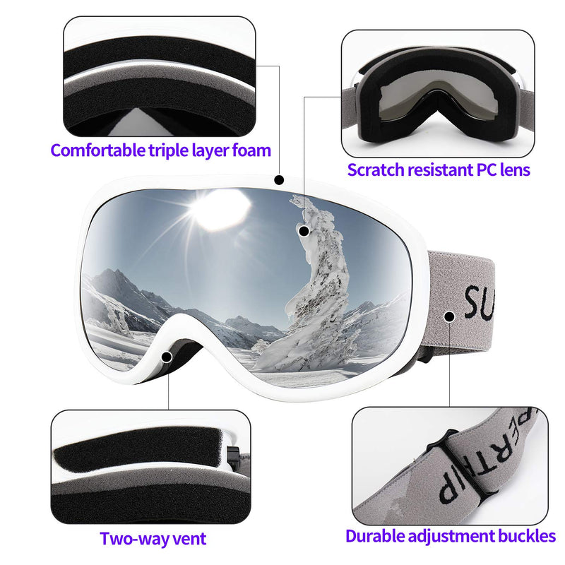 [Australia - AusPower] - Supertrip Snow Ski Goggles Anti-Fog 100% UV Protection Snowboard Skiing Goggles 1-white Frame/Silver Lens(vlt 12%) 