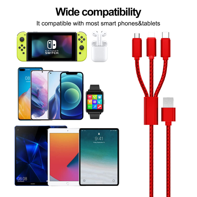 [Australia - AusPower] - Multi Charging Cable, TTWEN 3Pack 3.3FT Multiple Charger Cable Braided Universal USB Charging Cable 3 in 1 Multi Phone Charger Cord with Type C/Micro USB Connectors for Cell Phones and More (Red) Little Red 