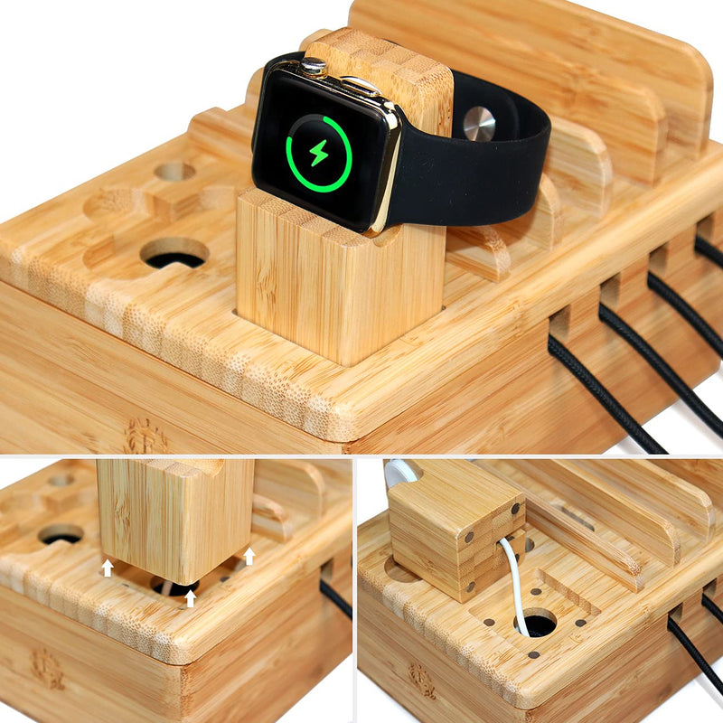 [Australia - AusPower] - Bamboo Charging Stations for Multiple Devices, Upgrade Desk Docking Station Organizer for Cell Phones, Tablet, AirPods, iWatch Stand with 3 Cables 