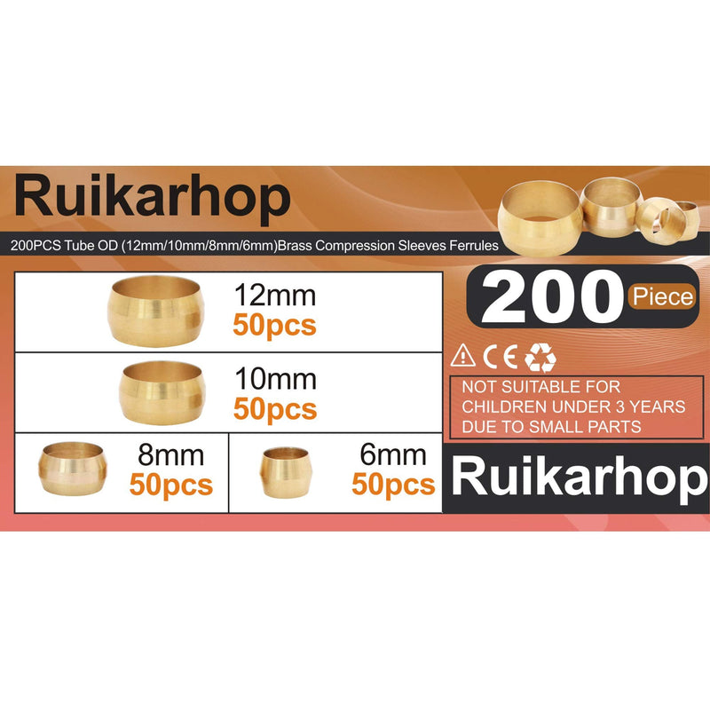 [Australia - AusPower] - Ruikarhop 200PCS Tube OD（6mm 8mm 10mm 12mm) Brass Compression Sleeves Ferrules,Brass Compression Fitting Assortment Kit 