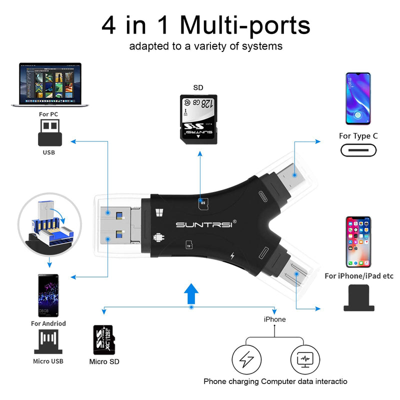 [Australia - AusPower] - SD Card Reader for iPhone / ipad / Android / Mac / Computer / Camera,4 in1 Micro SD Card Reader Trail Camera Viewer, Portable Memory Card Reader SD Card Adapter Compatible with SD and TF Cards(Black) black 