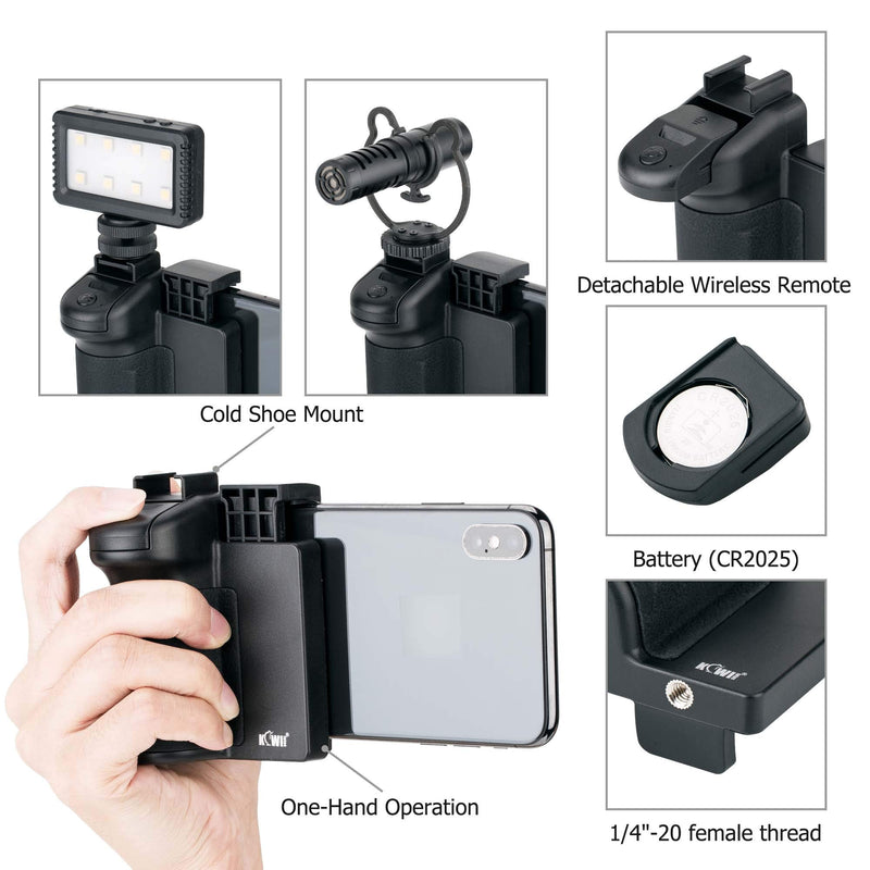 [Australia - AusPower] - JJC 3 in 1 Phone Tripod Mount with Cold Shoe and DSLR-Like Hand Grip with Detachable Bluetooth Shutter Remote Control for iPhone Android Phone to Take Selfies, Group Photo and Stable One-Handed Video 