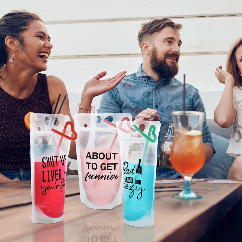 [Australia - AusPower] - Drink Pouches with Straws Plastic Drink Bags with Zipper Party Beverage Bags Juice Pouches for Adults and Teens (24 Sets,6 Styles) 24 6 Styles 