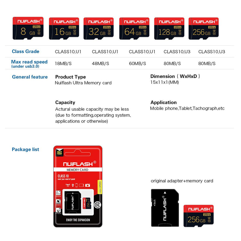 [Australia - AusPower] - 256GB Micro SD Card Class 10 Memory Card,TF Card with A SD Card Adapter for Tablet Computer,Android Cellphones,Camer (256GB-HHJ) 