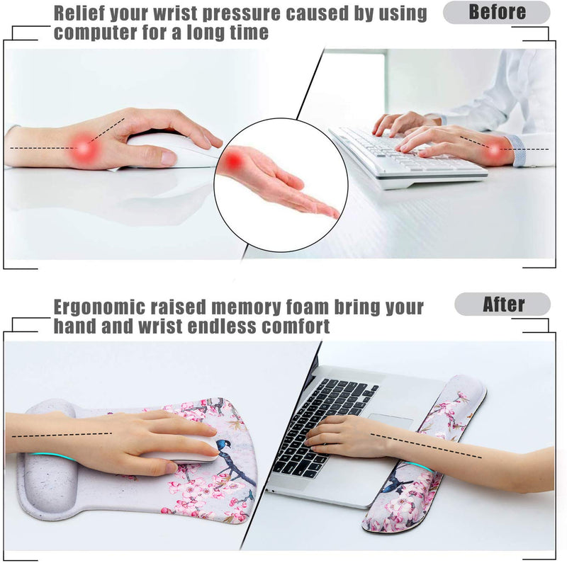 [Australia - AusPower] - Ergonomic Keyboard Wrist Rest and Mouse Pad Wrist Rest Support Set,Comfortable & Lightweight Memory Foam Computer/Gaming/Office Wrist Set for Easy Typing & Pain Relief by AORTDES(Bird and Pink Flower) Kmwrp-19 