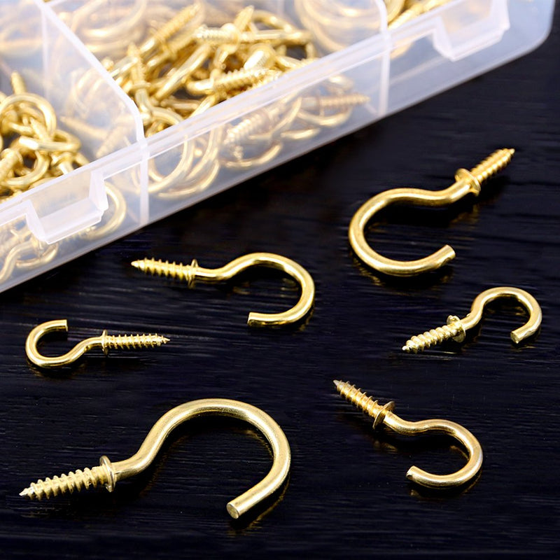 [Australia - AusPower] - 120Pcs 6 Sizes Metal Screw-in Ceiling Hooks Cup Hooks Kit, Gold Ceiling Cup Hooks Self-Tapping Screws Hooks for Home / Workplace / Office (Q-Screw) 