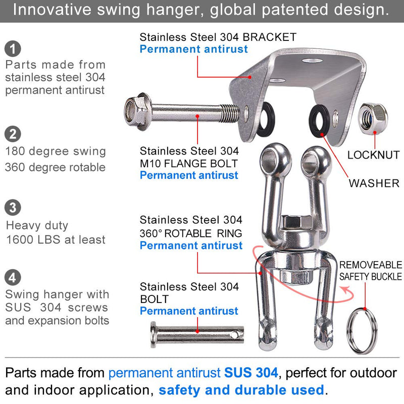 [Australia - AusPower] - BeneLabel Permanent Antirust Stainless Steel Heavy Duty Swing Hanger, 1000 LB Capacity, 2 Screws for Wooden and 2 Expansion Bolts for Concrete, Yoga Hammock Chair Sandbag Swing Sets, 360° Swing 
