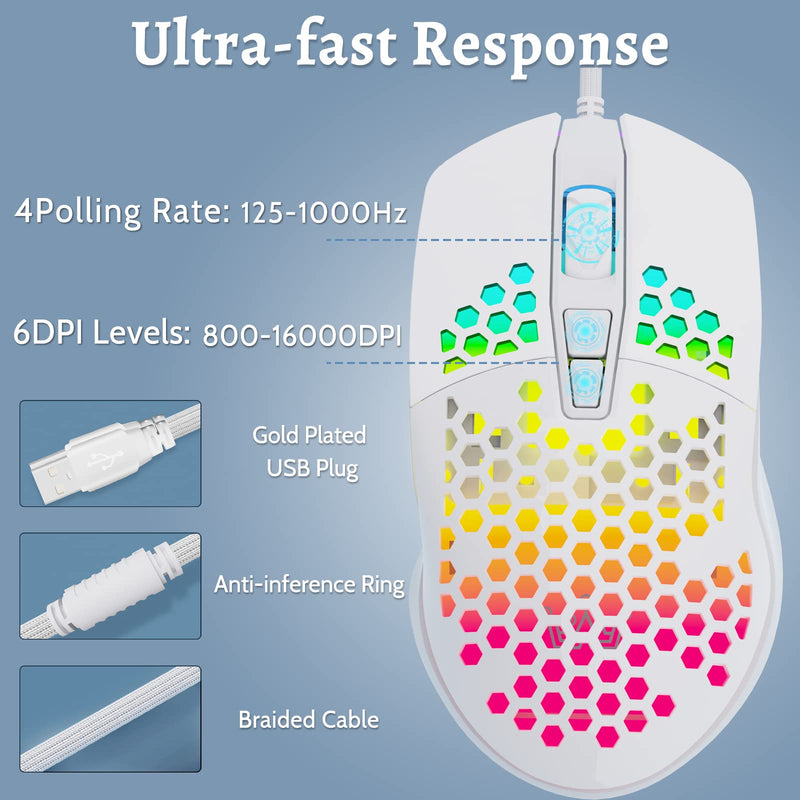 [Australia - AusPower] - DIERYA Falcon Honeycomb Gaming Mouse, 16000 DPI Optical Sensor, 70g Ultra-Lightweight RGB Backlit Ergonomic Wired Mouse with 7 Buttons Programmable Driver for Windows PC Gamer Designer (White) white 