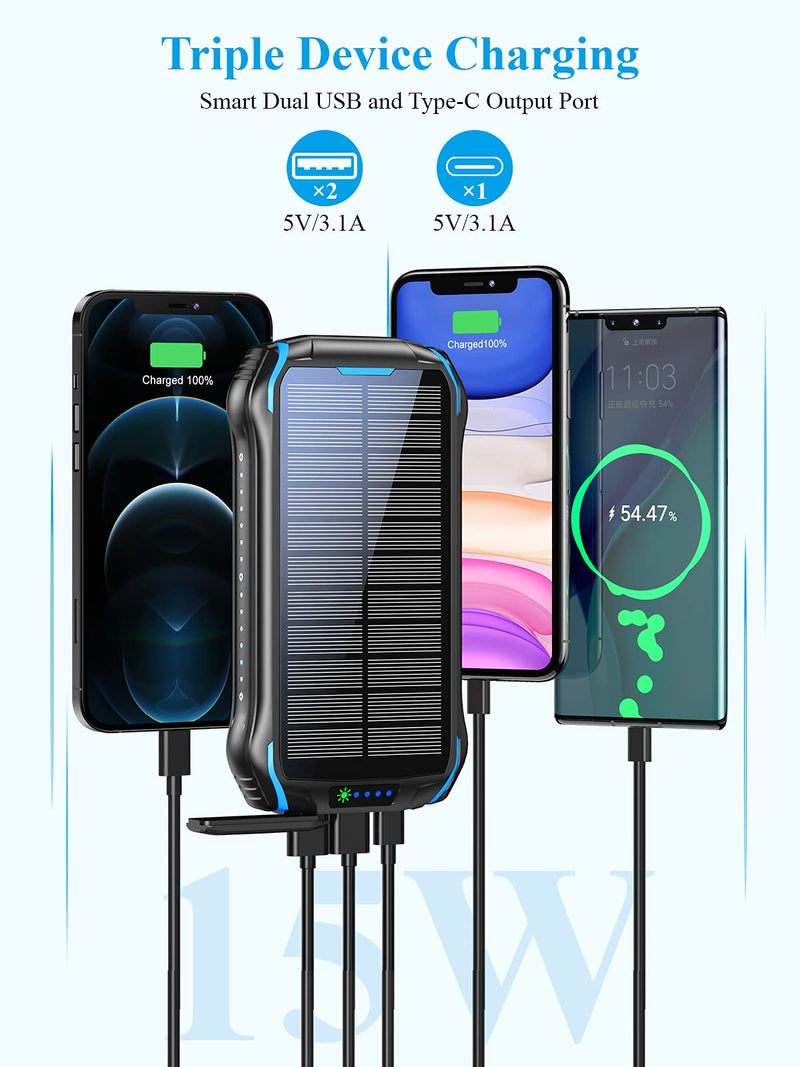 [Australia - AusPower] - Solar Power Bank, Portable Charger 26800mAh with 5V 3.1A Output 2 Inputs, Outdoor Battery Pack with Flashlight IP66 Waterproof Battery Bank for iPhone Android Cell Phones black+blue 