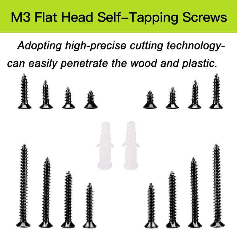 [Australia - AusPower] - M3 Flat Head Wood Screws Assortment Fasteners Kit 420pcs,Phillips Drive Countersunk Head Self-Tapping Screws,Carbon Steel,Contains 20pcs M6 Screw Anchors Black 