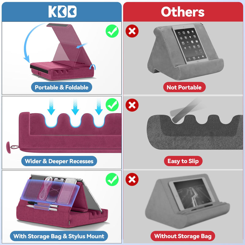 [Australia - AusPower] - Tablet Pillow Holder, KDD Foldable iPad Stand for Lap, Bed and Desk -Tablet Soft Pad Dock with Pocket & Stylus Mount Compatible with iPad Pro 12.9, 10.5, 9.7 Air Mini 6 5 4 3, Kindle, E-Reader, Purple 