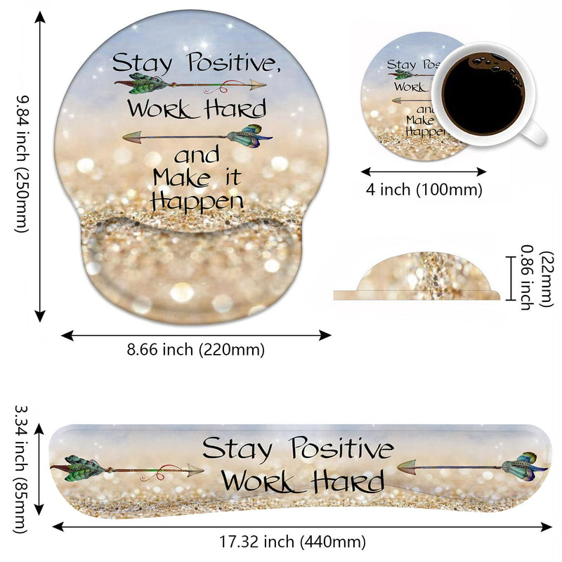 [Australia - AusPower] - Keyboard Wrist Rest and Mouse Pad Wrist Support Set with Coasters,Stay Positive Work Hard and Make It Happen Inspirational Quote Wrist Mouse Pad with Non-Slip PU Base for Computer Laptop Home Office 