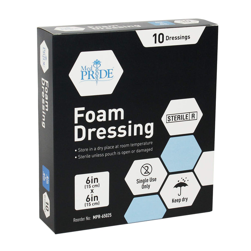 [Australia - AusPower] - Medpride Foam Dressings- 10 Pack, 6 Inch by 6 Inches Size - Sterile, Hydrophilic, Highly Absorbent- Soft, Non-Adhesive Pads, Easy to Change- for Men & Women- for Ulcers, Post Op Trauma + Injuries 6X6 Inch (Pack of 10) 