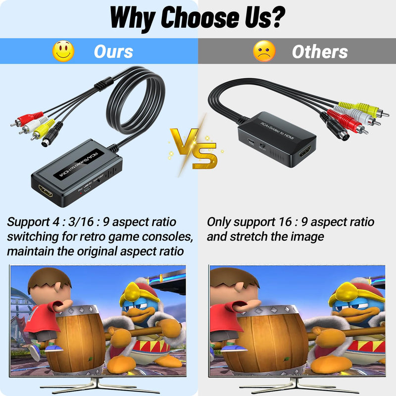 [Australia - AusPower] - RCA Svideo to HDMI Converter, Support 4 : 3/16 : 9 Aspect Ratio Switch, 720P/1080P HDMI Output Switch, S-video AV RCA to HDMI converter for VHS/DVD/Wii/PS1/PS2/N64/NGC to Display on HDMI Screen 