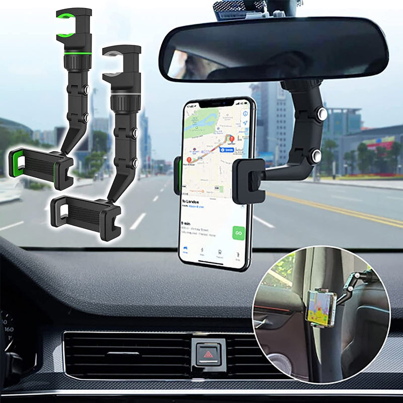 [Australia - AusPower] - Multifunctional Rearview Mirror Phone Holder, 360° Rear View Mirror Phone Holder Mount, Universal Rotating Car Phone Stand and GPS Holder,Suitable for Most Mobile Phones (Black) Black 