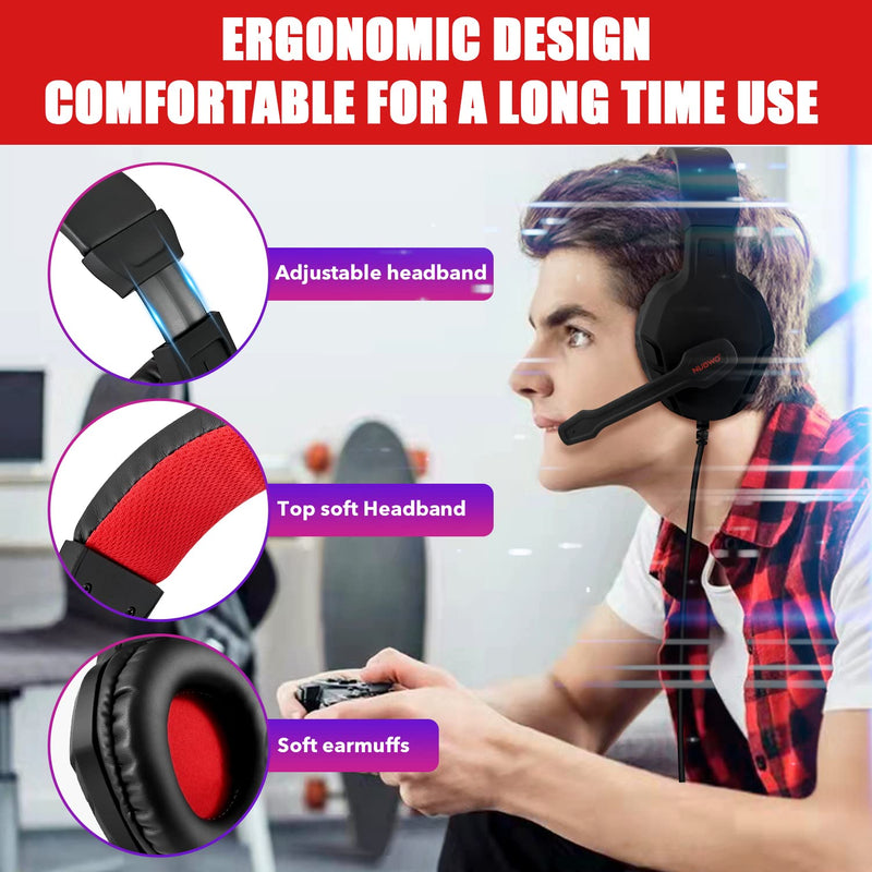 [Australia - AusPower] - NUBWO U3 3.5mm Gaming Headset for PC, PS4, PS5, Laptop, Xbox One, Mac, iPad, Switch Games, Computer Game Gamer Over Ear Flexible Microphone Volume Control with Mic RED 