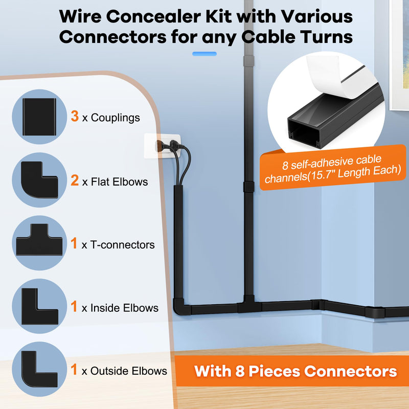 [Australia - AusPower] - 125.6in Cord Hider Kit, Wire Hiders for TV on Wall, Paintable Cable Management Kit, Wire Cover for Wall Mount TV, Hide Wires Along Wall, Black Cord Cover Wall Wire Management, 8xL15.7in W0.95inH0.55in Medium 