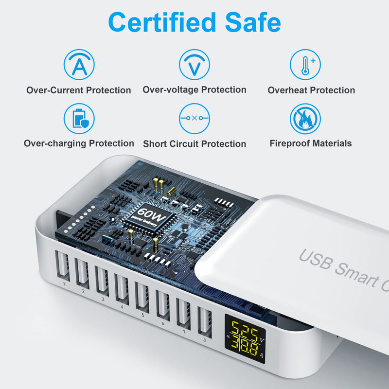 [Australia - AusPower] - USB Charging Station, Ziwodiv 8-Port 60W/12A USB Charger Station, Multi Ports USB-A Charging Hub with LED Display, Compact Desktop Charger for Multiple Devices, iPhone iPad Samsung Android and Tablet 