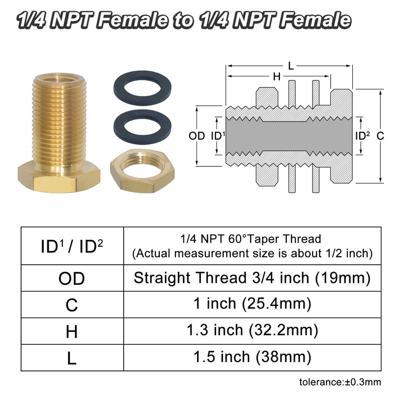 [Australia - AusPower] - KOOTNAS 2-Pack Solid Brass Bulkhead Fittings, 1/4 NPT Taper Female 3/4" Straight Male Thread Brass Water Tank Connector with 4 Rubber Rings 4 Silicone Rings, for Tank Body, Wooden Barrels, etc 1/4 NPT Taper Female, with Rubber Orings 