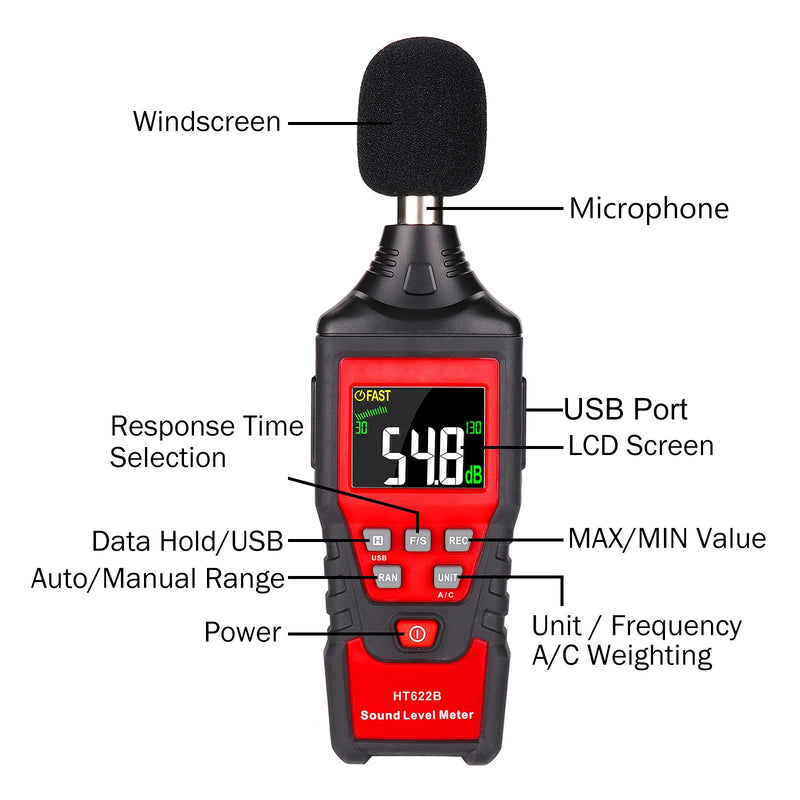 [Australia - AusPower] - Decibel Meter, Professional Digital Sound Level Meter Noise Decibel Tester 30dB-130dB with LCD Color Display, A/C Frequency Weighting, USB Data Logger, Max/Min/Data Hold, Fast/Slow, Storage Bag HT622B 