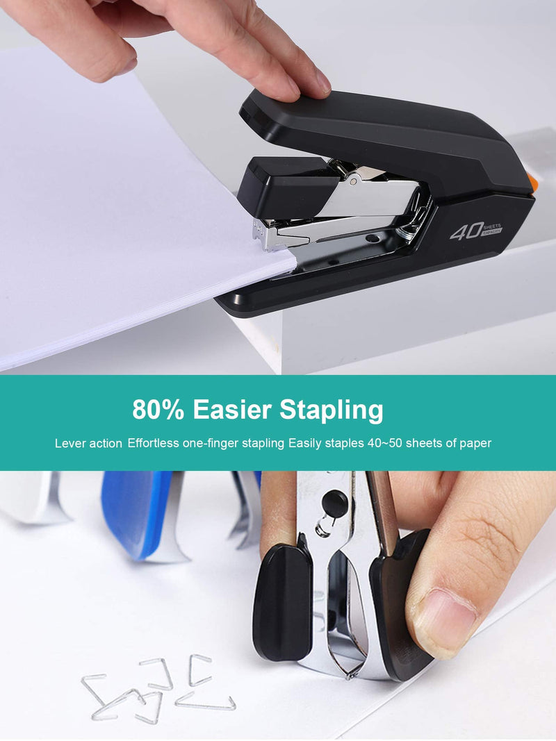 [Australia - AusPower] - Deli Effortless Desktop Stapler, 40-50 Sheet Capacity, One Finger Touch Stapling, Easy to Load Ergonomic Heavy Duty Stapler, Includes 1500 Staples and Staple Remover 40-50 Sheets Black 