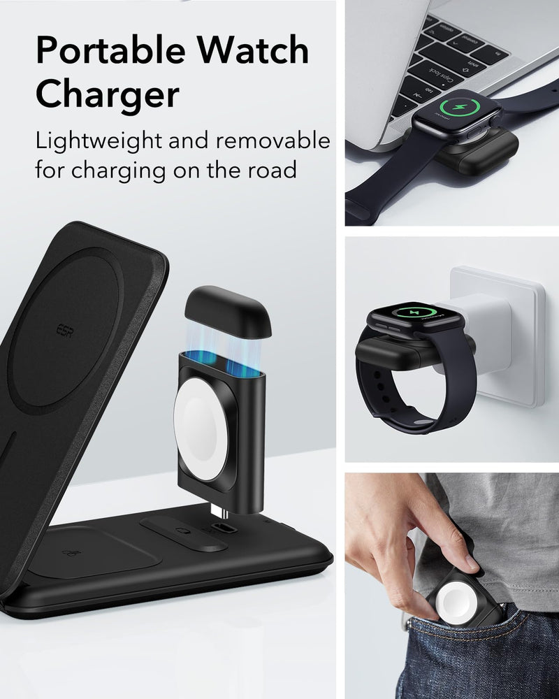 [Australia - AusPower] - ESR Magsafe 3 in 1 Charger (HaloLock), Travel Magsafe Charger Stand, Made for Apple Watch Certified, Foldable Magsafe Charging Station for iPhone 14/13/12, AirPods Pro/3/2, Adjustable 2-Way, Black 