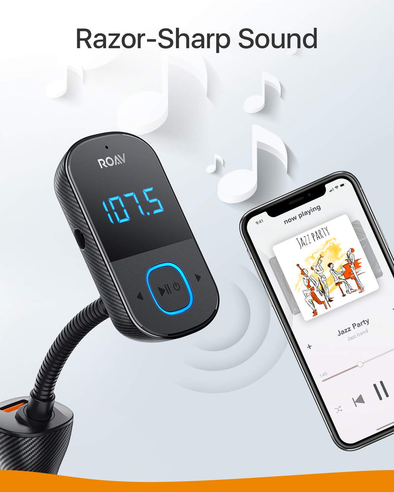 [Australia - AusPower] - Anker Roav SmartCharge T1, Bluetooth FM Transmitter for Car, Audio Adapter and Receiver with Big LED Display, PowerIQ 2.0, Hands-Free Calling, and AUX Output, Compatible with Quick Charge 3.0 Devices 